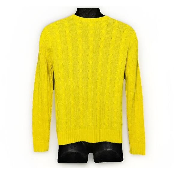 Ralph Lauren Sweater Womens Medium Bright Yellow Wool Cashmere Cable Knit Crew - Picture 2 of 7